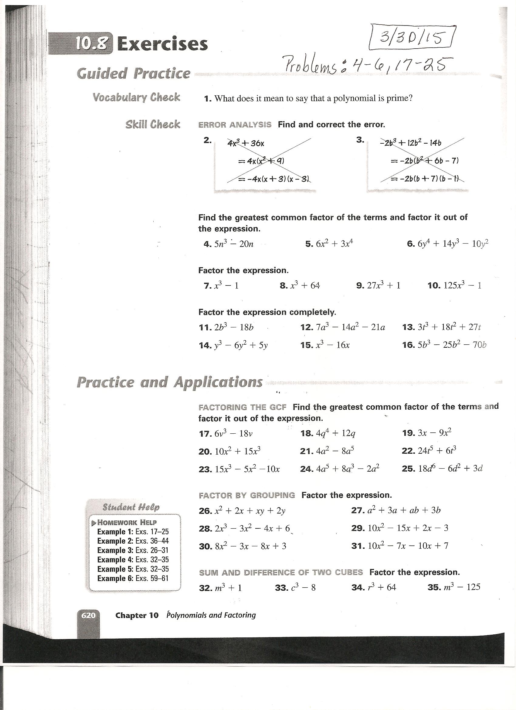 Algebra Worksheet Section 10 5 Factoring Polynomials Of The Form Algebra 1 Assignments L Soderholm Churchill Hs Worksheet Section 10 5 Factoring Polynomials