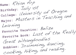 Name: Rhian Arp
Birthday: July 1st 
College: University of Oregon
Major: Masters in Teaching and Learning
Favorite Vacation: Belize
Favorite Book: Last of the Really Great Whangdoodles
Hobbies: Drumming, dancing, cooking, hiking, and reading.